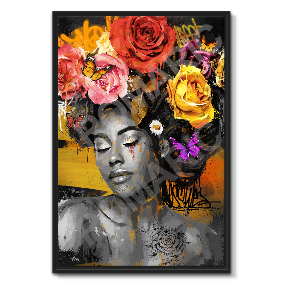 tableau portrait peinture femme rose fleur