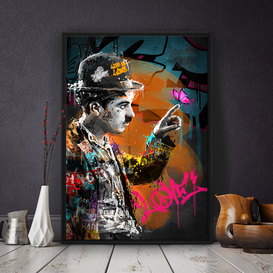 tableau street-art charlie chaplin papillon pop-art