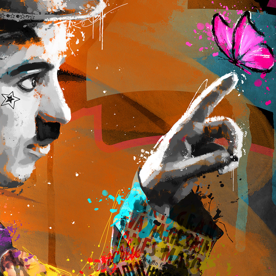 tableau street-art charlie chaplin papillon pop-art