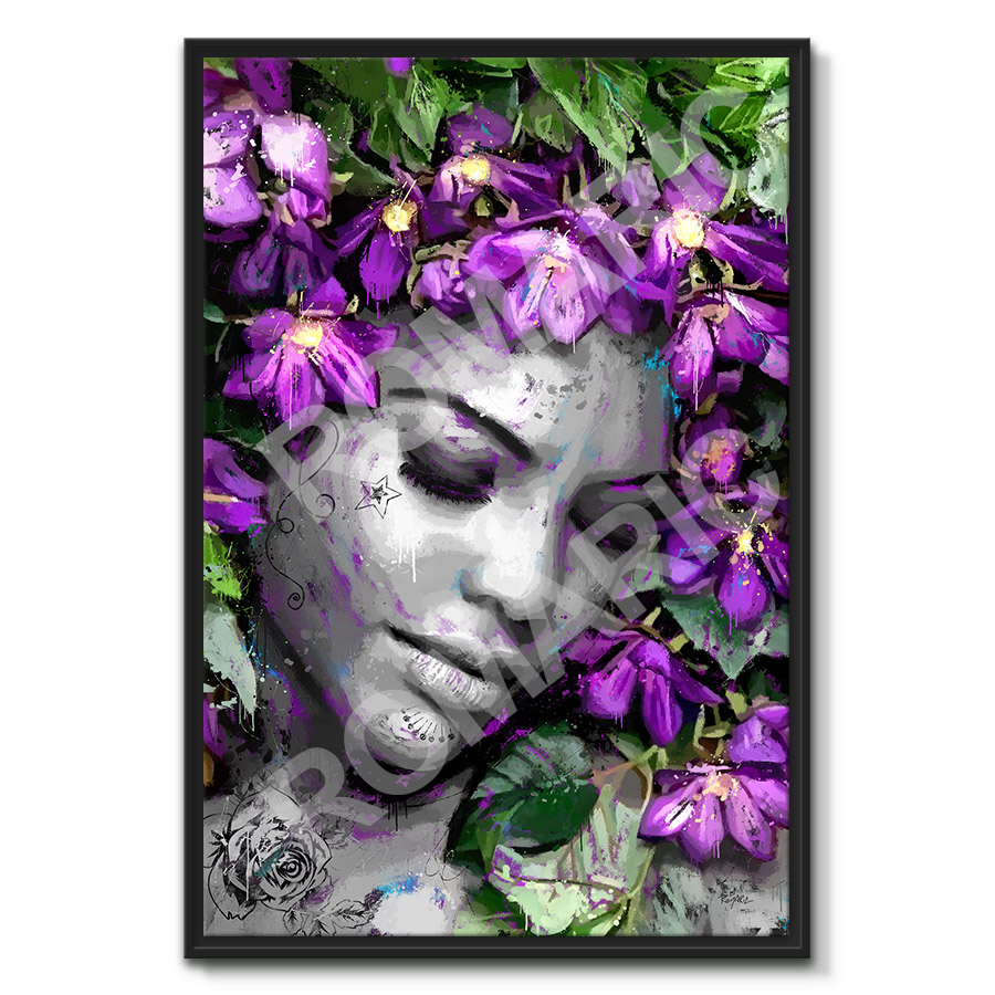 tableau portrait femme fleur violettes peinture