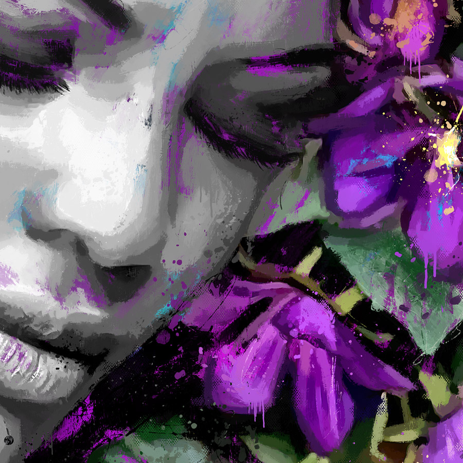 tableau portrait femme fleur violettes peinture