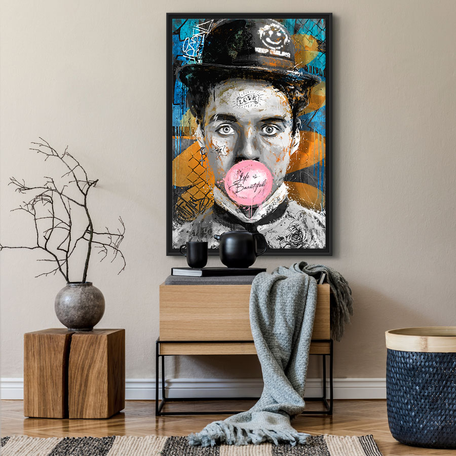 Tableau deco pop art Charlie Chaplin bulle de chewing gum