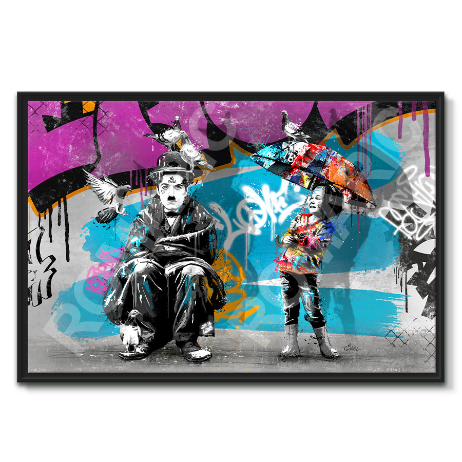 tableau deco street art charlie chaplin pigeons enfant romaric
