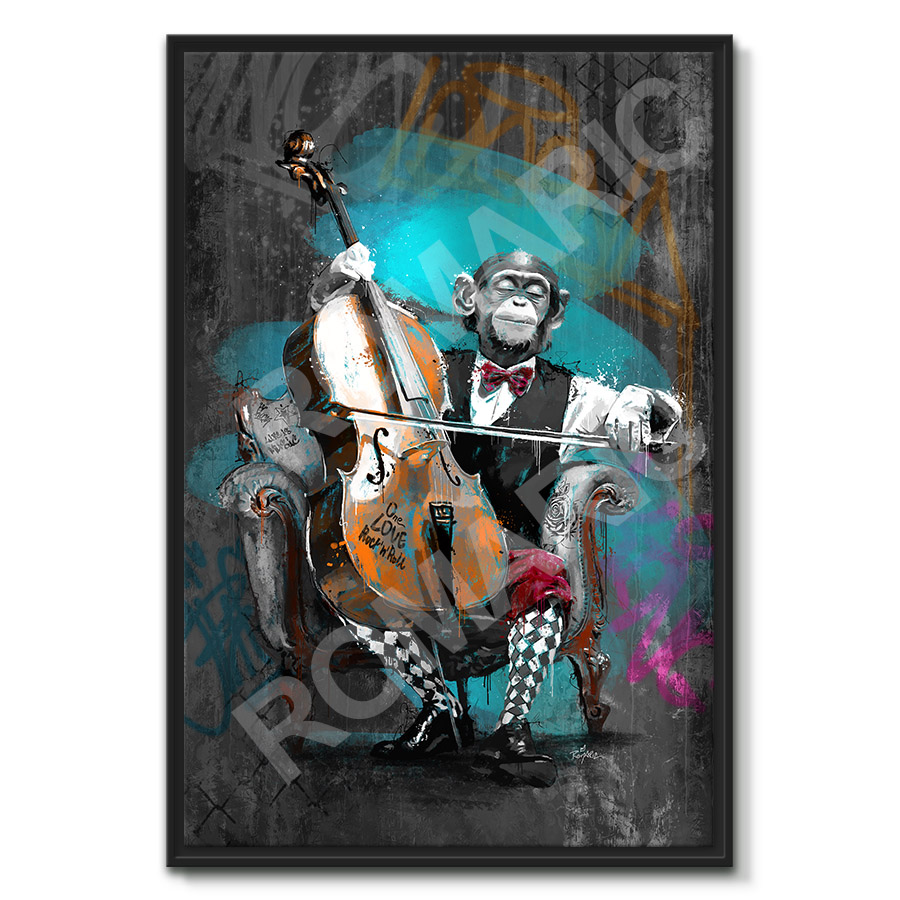 tableau singe pop art violoncelliste musicien