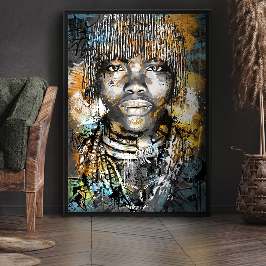 tableau deco portrait chasseur africain traditionnel afrique street art peinture
