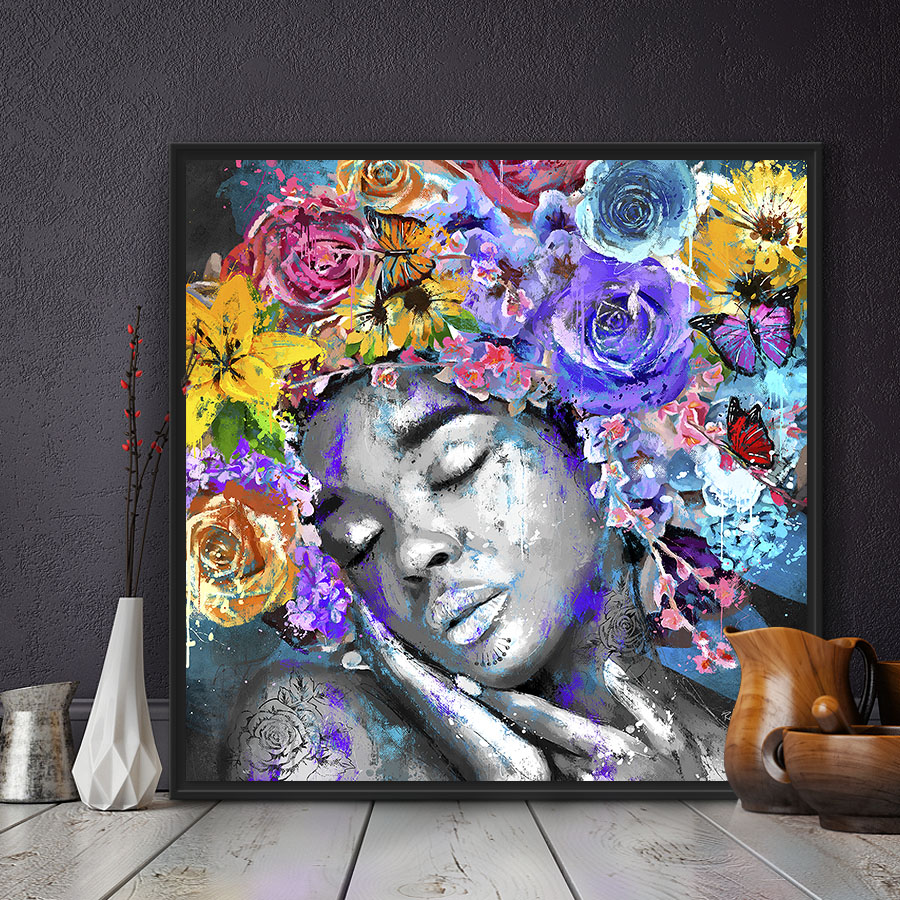 tableau deco portrait femme fleurs roses papillons peinture