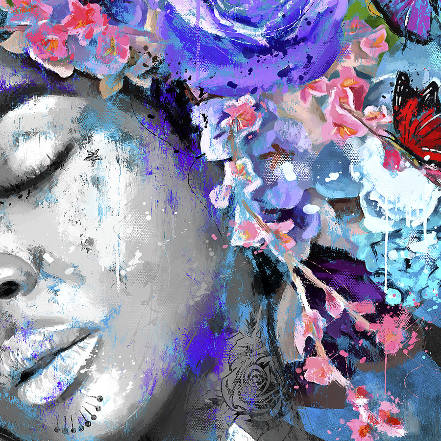 tableau deco portrait femme fleurs roses papillons peinture