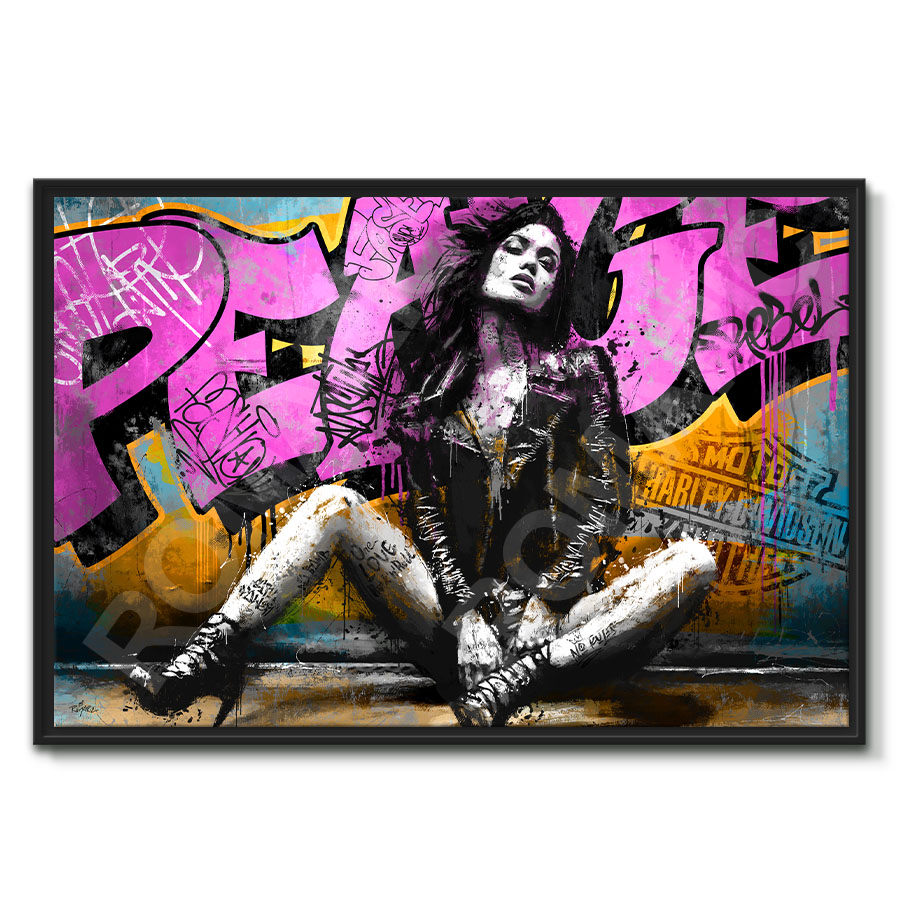 tableau street art femme harley davidson rebelle rock