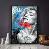 tableau peinture portrait de femme fleurs coquelicots pop art
