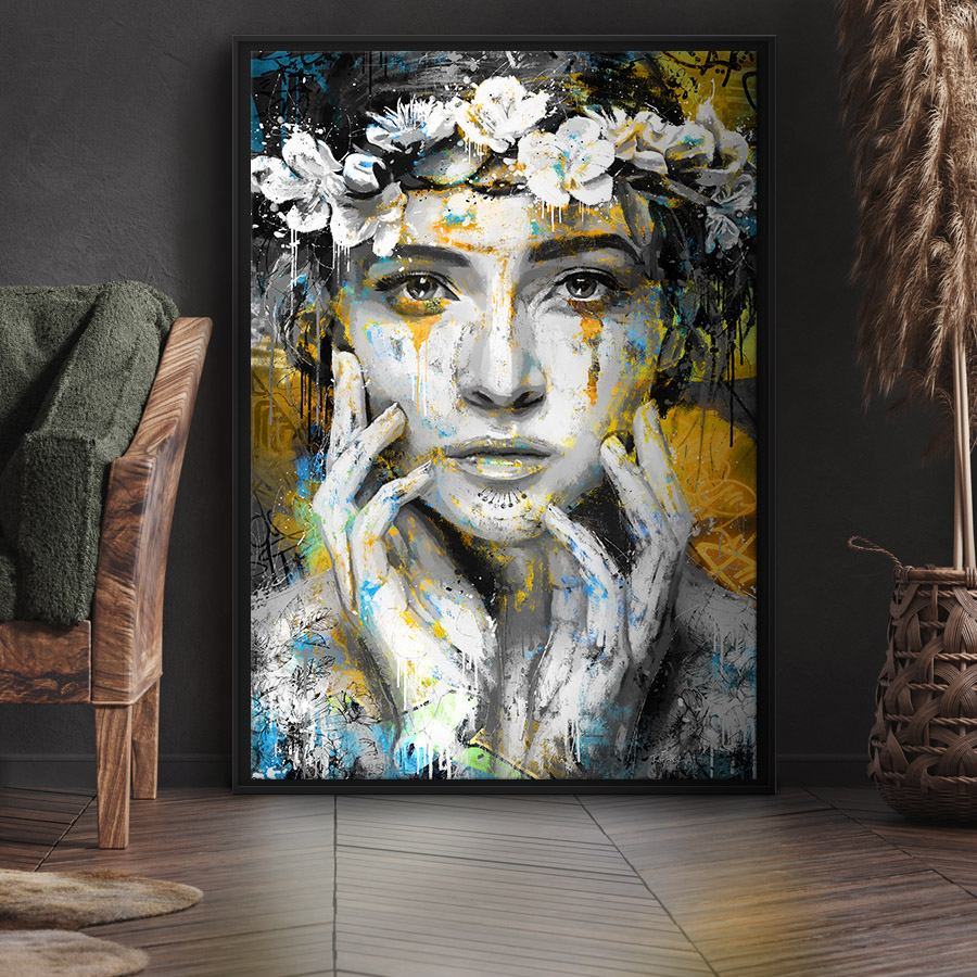 tableau peinture portrait de femme couronne fleurs lys pop art