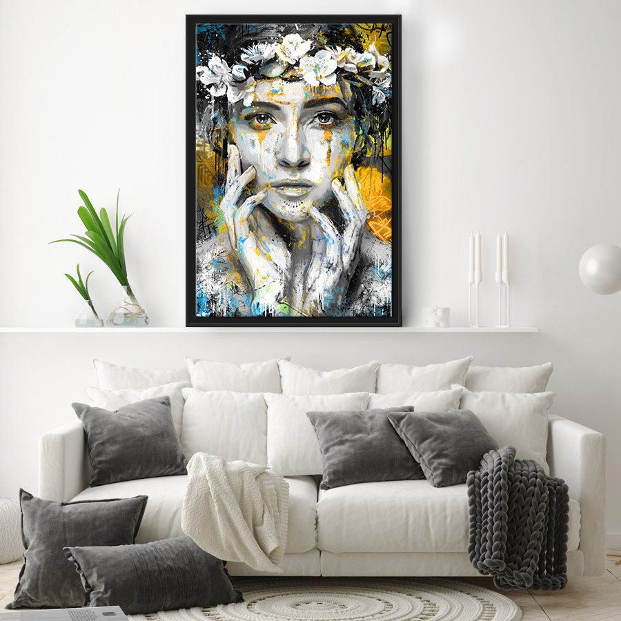tableau peinture portrait de femme couronne fleurs lys pop art