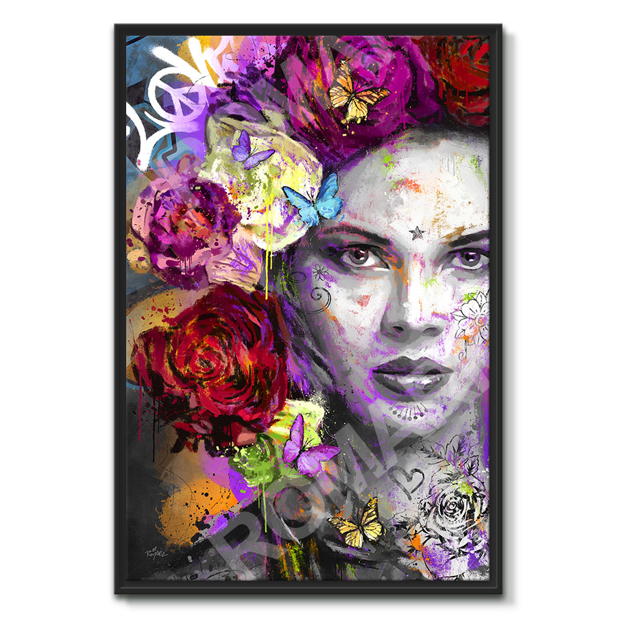 tableau deco portrait femme fleur roses peinture romaric