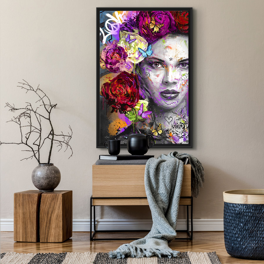 tableau deco portrait femme fleur roses peinture romaric