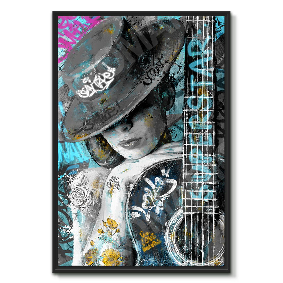 tableau deco portrait femme guitariste pop street art guitare