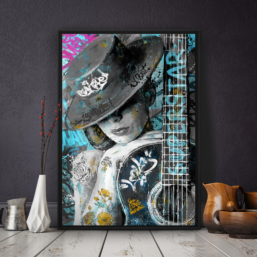 tableau deco portrait femme guitariste pop street art guitare