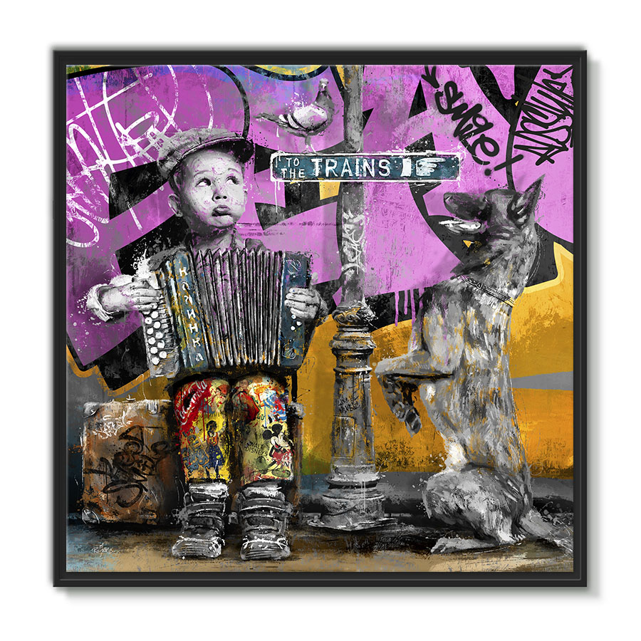 tableau street art deco enfant musicien gavroche accordeon chien rue