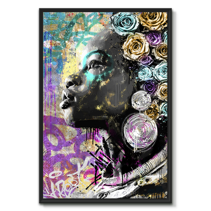 tableau deco street art portrait femme africaine fleur rose