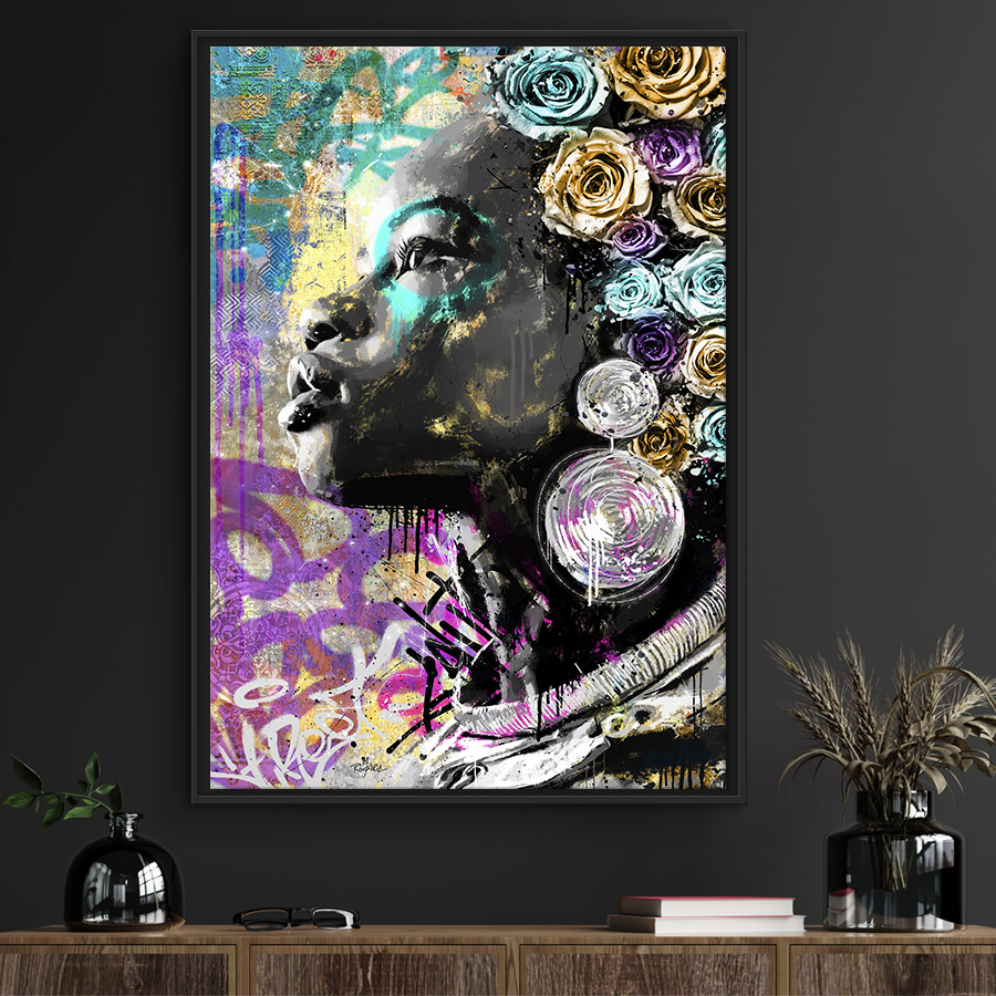 tableau deco street art portrait femme africaine fleur rose