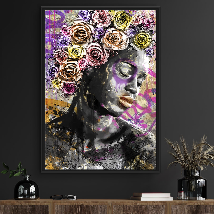 tableau deco portrait peinture femme africaine floral