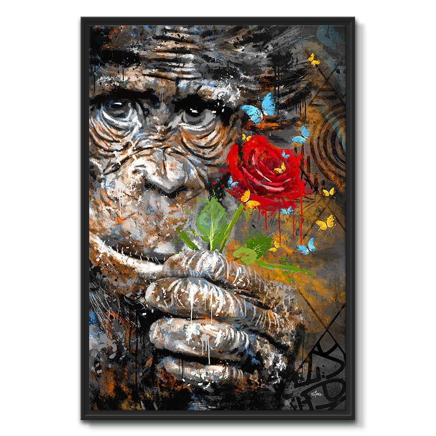 tableau deco portrait singe fleur rose street art artiste peintre