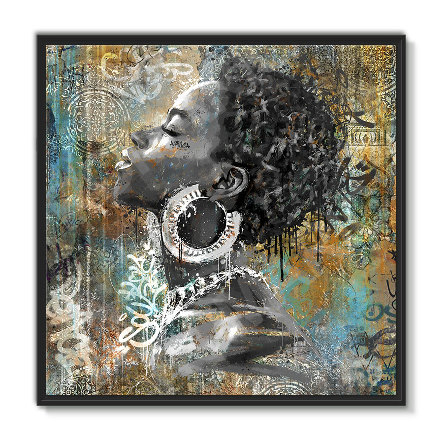 Tableau deco artiste portrait femme africaine ancien vintage street art