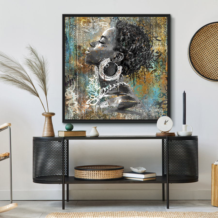 Tableau deco artiste portrait femme africaine ancien vintage street art