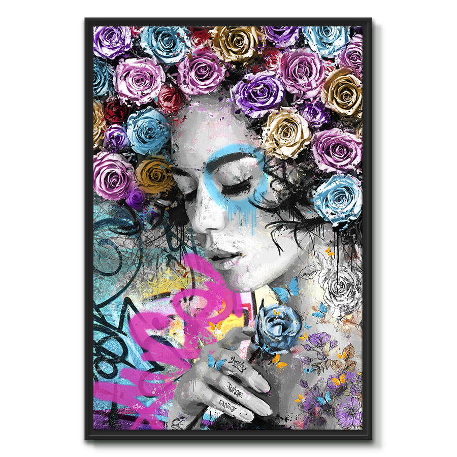 tableau artiste deco portrait femme fleurs roses graffiti