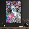 tableau artiste deco portrait femme fleurs roses graffiti