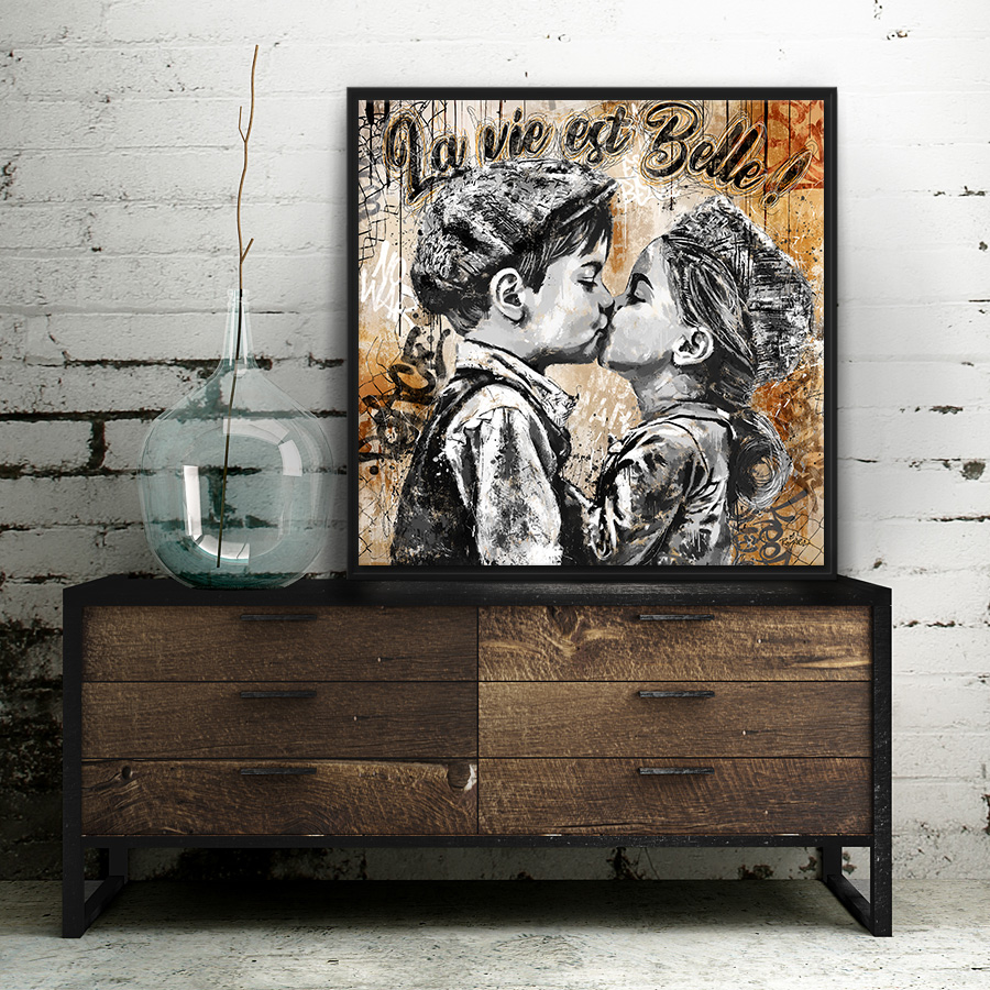 tableau deco bisou enfant banksy peinture artiste romaric