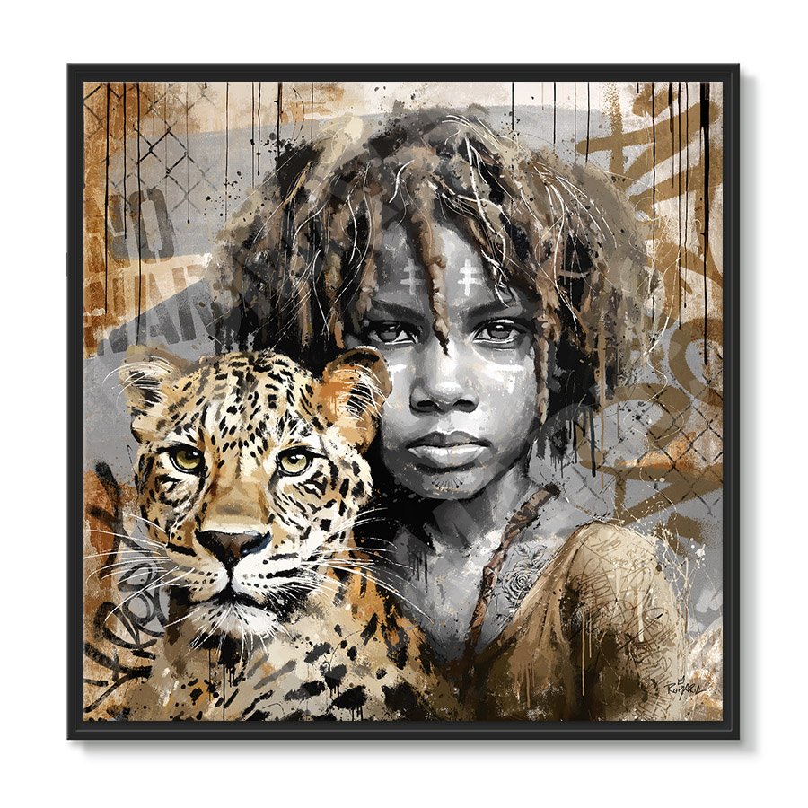 tableau deco portrait africain enfant léopard peinture artiste street art romaric