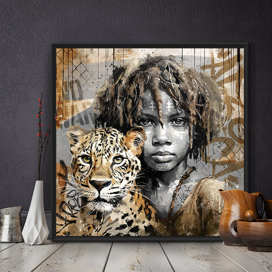 tableau deco portrait africain enfant léopard peinture artiste street art romaric