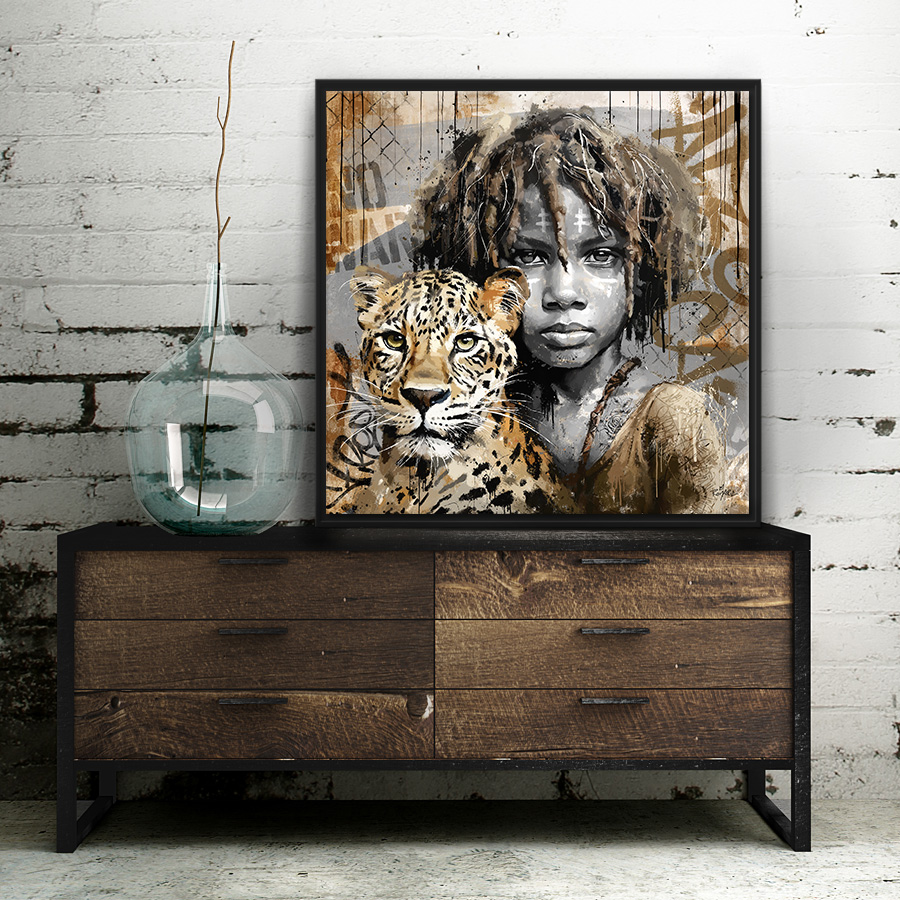 tableau deco portrait africain enfant léopard peinture artiste street art romaric